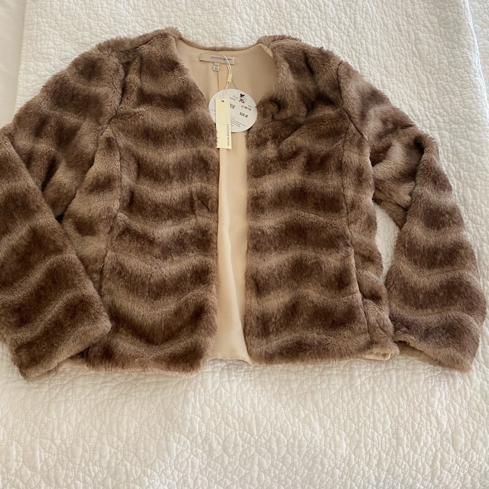 Lavender Brown Chevron faux fur jacket size XS NWT